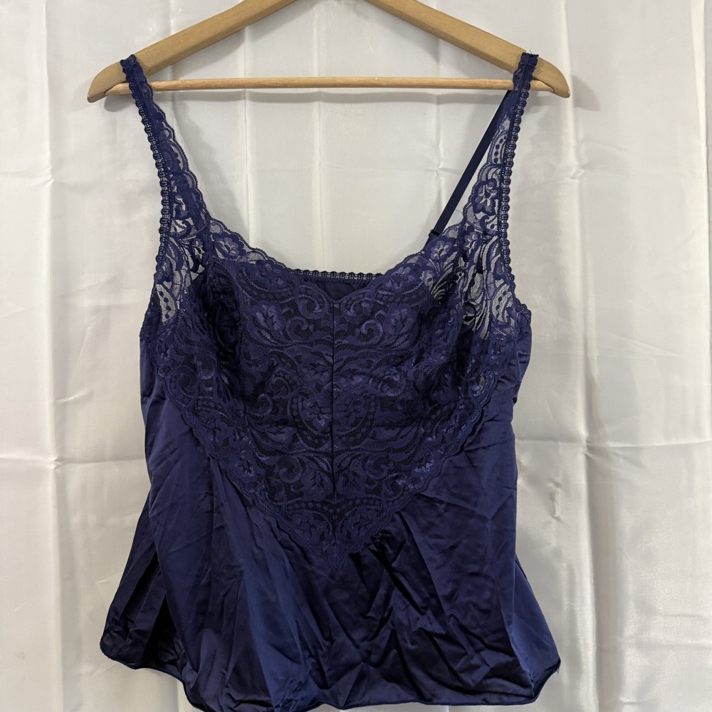 Vtg Vanity Fair Satin‎ Nylon Cami 40 Navy Blue Lace Trim Coquette Sexy Lingerie